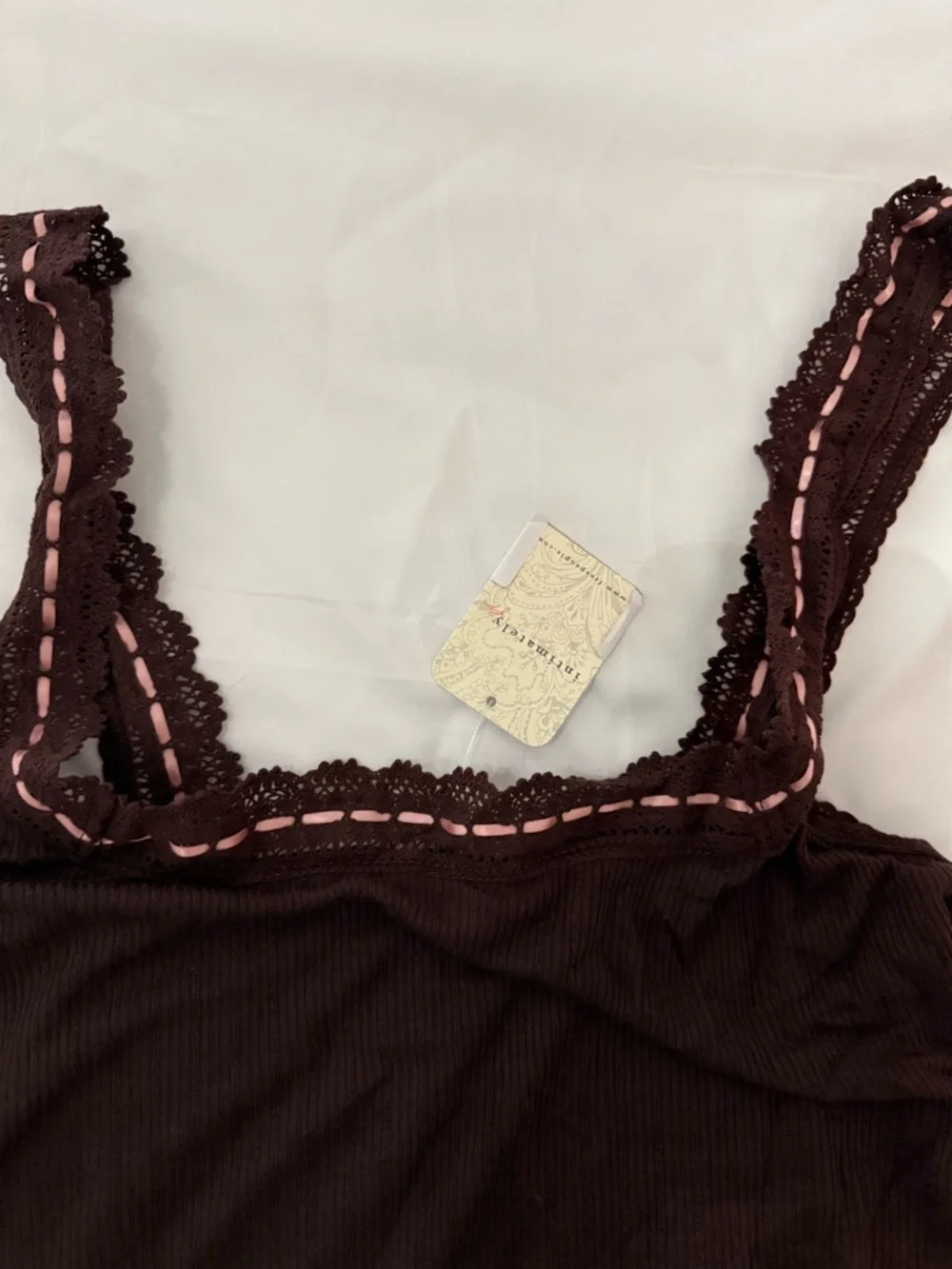 Free People Brown and Pink Lace-Trim Ribbed Tank Top